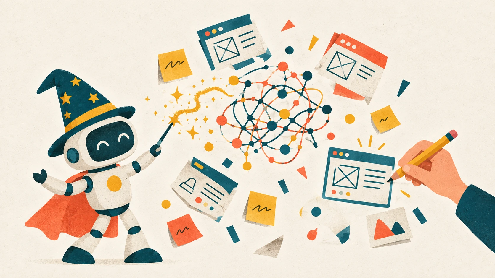 Illustration of a friendly robot wizard casting a spell over a tangle of connected nodes, surrounded by wireframes and sticky notes, while a human hand sketches a wireframe